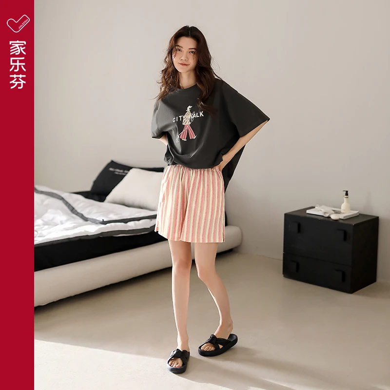 家乐芬睡衣女夏季夏款莫代尔短袖短裤家居服冰丝薄款时尚休闲套装