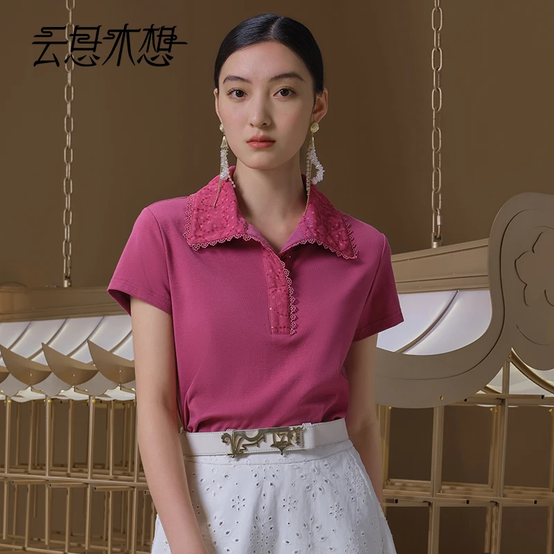 Ysimo-X云思木想流光花瑶 欧若风Polo领蕾丝花边莱赛尔棉T恤12965
