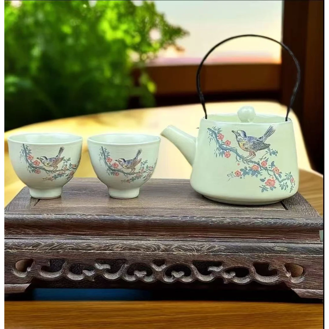 当代 喜上眉梢（黄）提梁壶一壶4杯+茶盘-ZHZ255