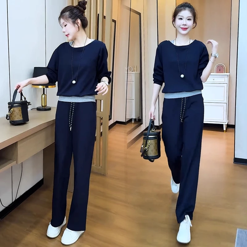 时尚休闲套装女2025秋季新款洋气显瘦假两件圆领卫衣阔腿裤两件套