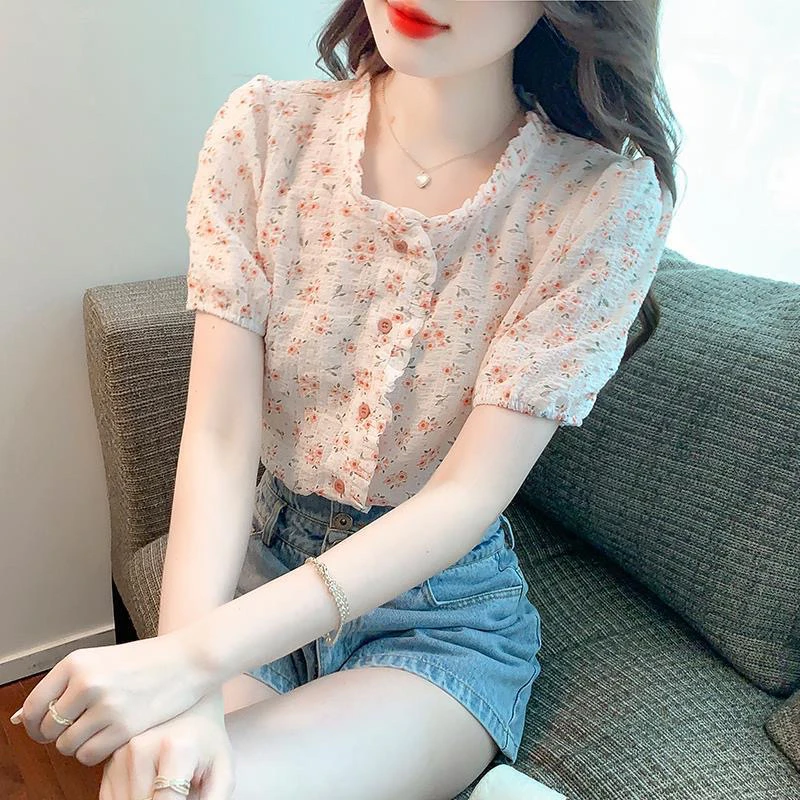 夏季法式碎花短袖衬衫女士甜美气质洋气减龄上衣