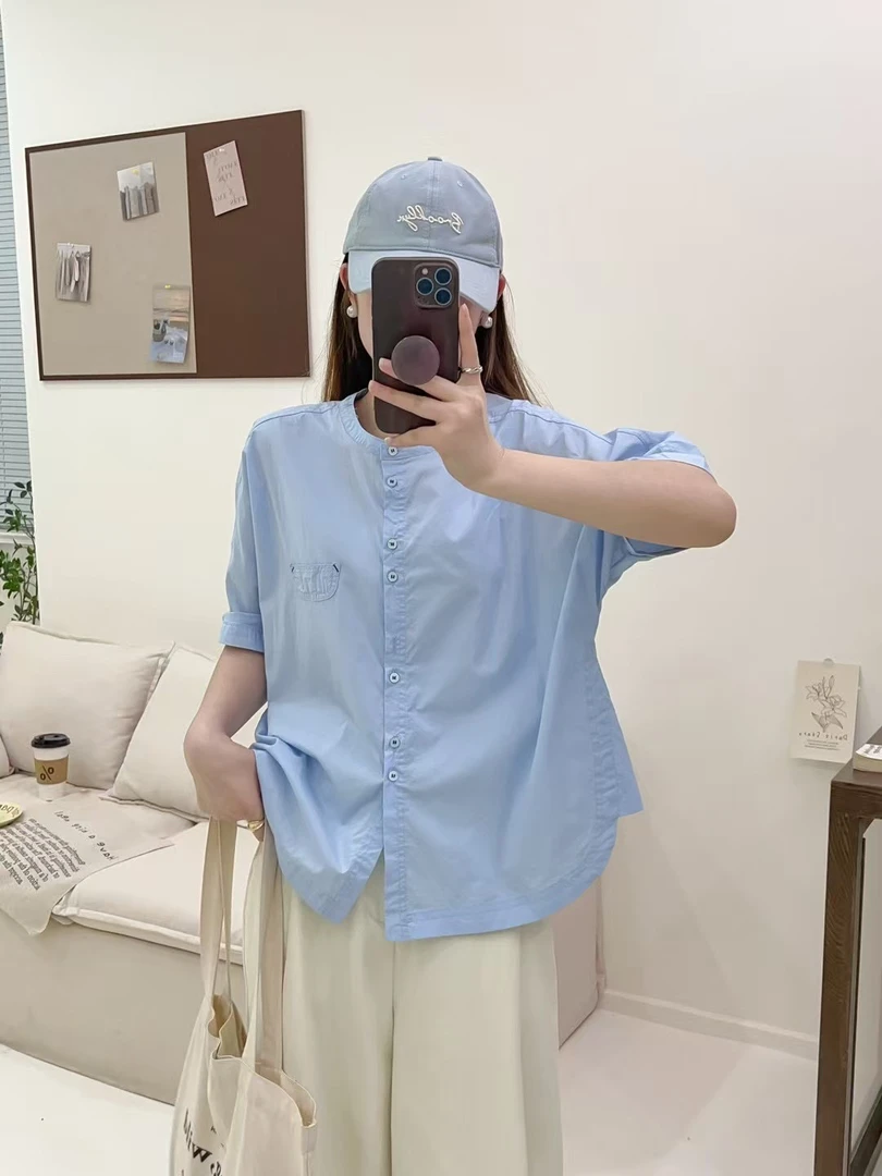 夏季女士纯棉圆领短袖宽松显瘦休闲百搭衬衫5561