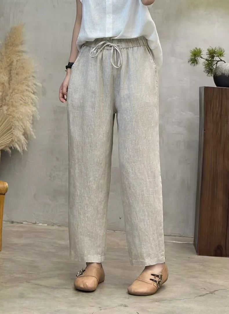 25002夏季精致高腰窄版小直筒纯亚麻裤小个子穿搭必备