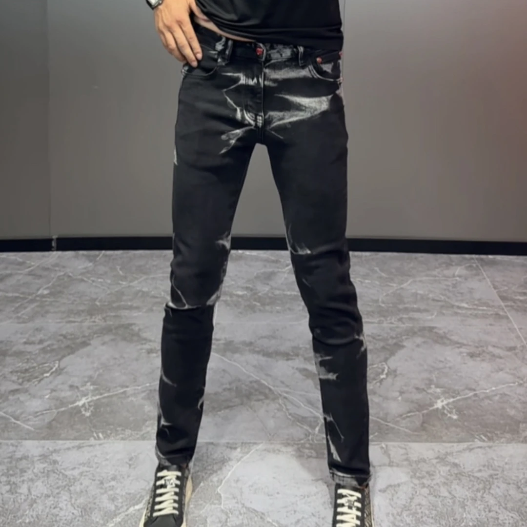秋季黑色时尚欧货水洗泼墨弹力修身小脚牛仔裤小脚裤