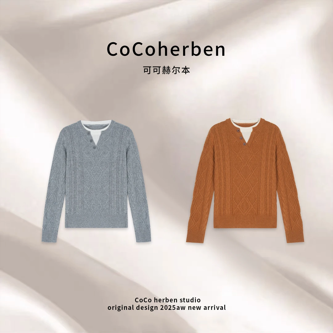 CocoHerben时尚百搭V领假两件套头毛衣HBT0866