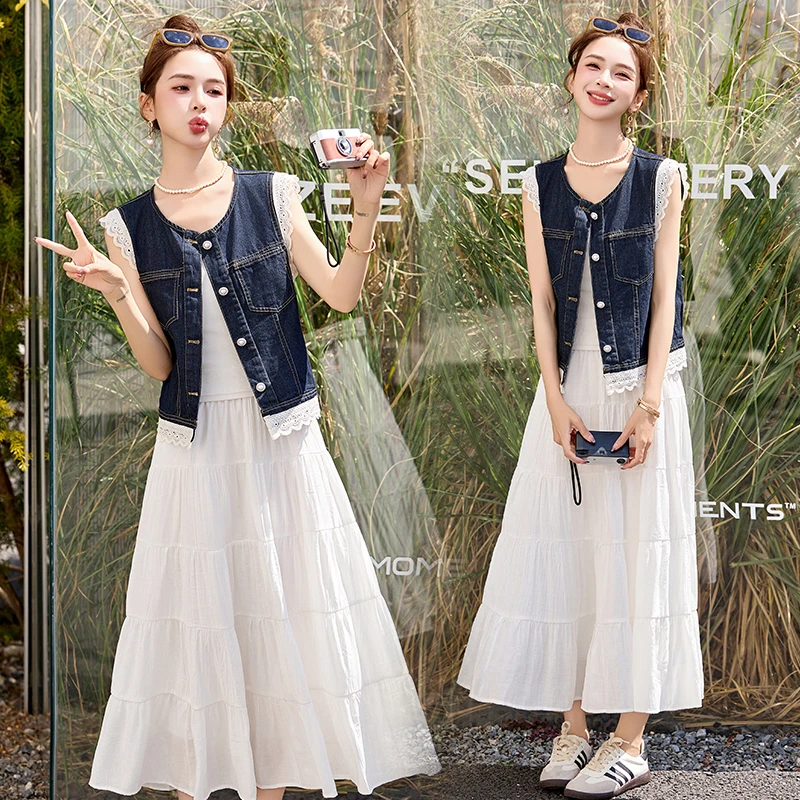 小香风时尚拼接蕾丝洋气休闲百搭减龄牛仔马夹2025短袖连衣裙套裙