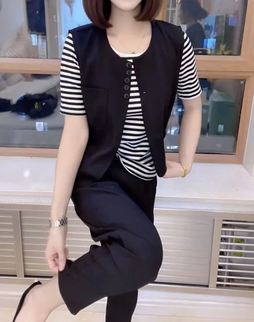 欧美风轻熟风法式休闲风时尚套装小香风洋气条纹百搭短袖西装