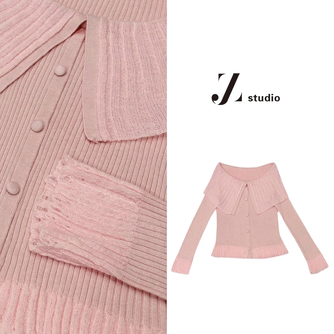 A1大码胖M大翻领坑条单排扣上衣韩系一字肩喇叭袖打底针织衫