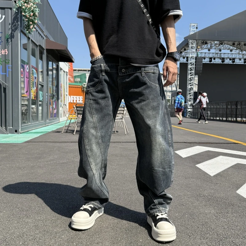 男秋冬美式牛仔裤假两条裤子拼接设计2025秋冬美式男美式男款秋冬