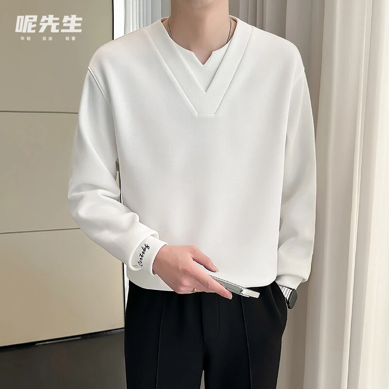 呢先生2025春季新款假两件刺绣卫衣男士轻熟风潮流高端时尚打底衫