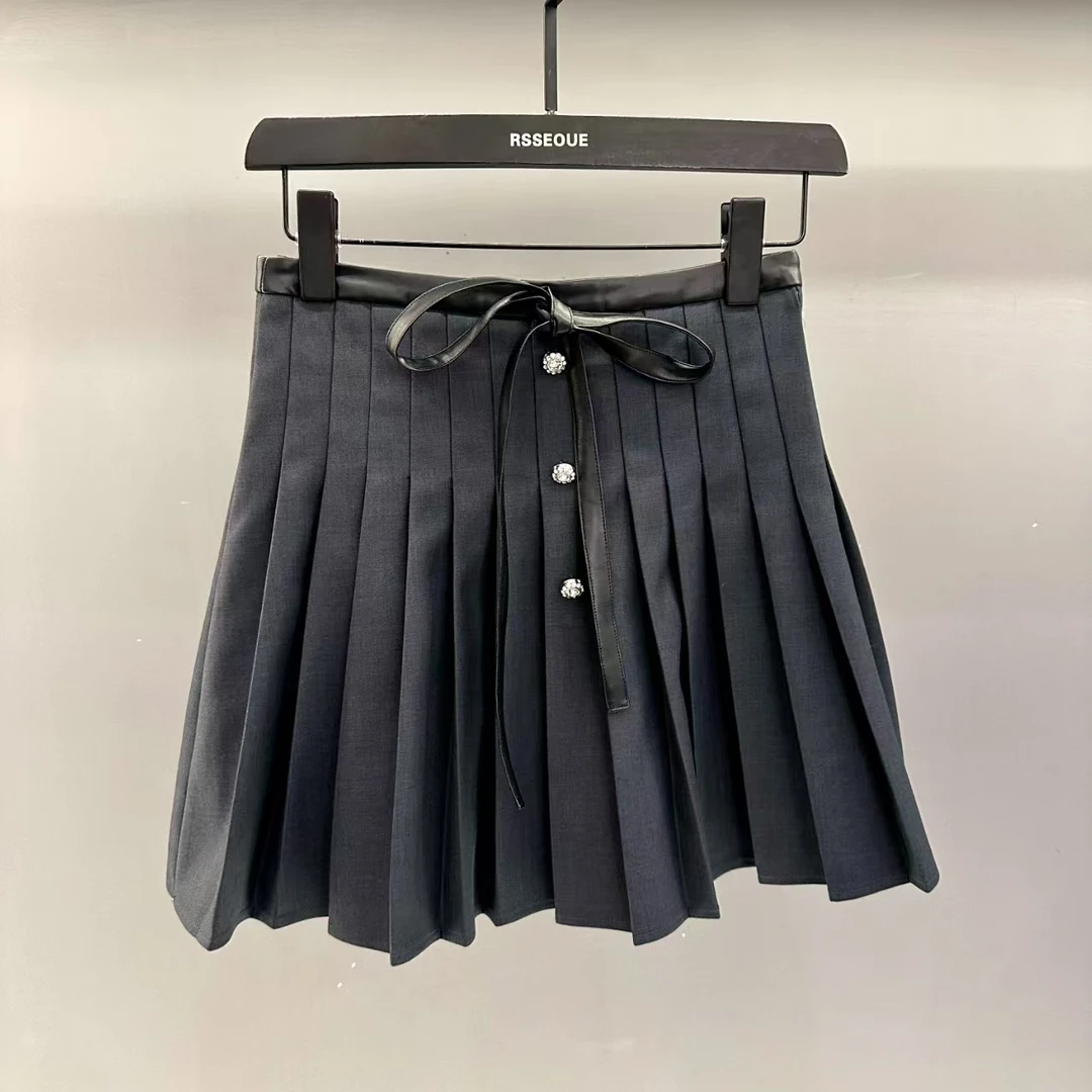 学院风半身裙女装气质蝴蝶结系带设计感百褶短裙时尚休闲百搭