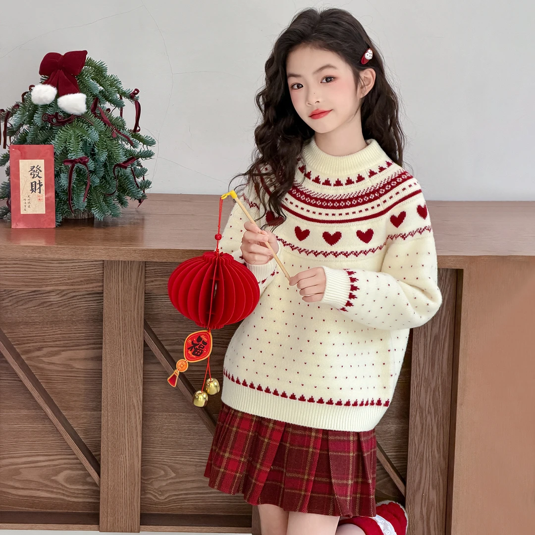 女童加绒毛衣冬季2025新款加厚保暖套头针织衫红色新年衣服6-12岁