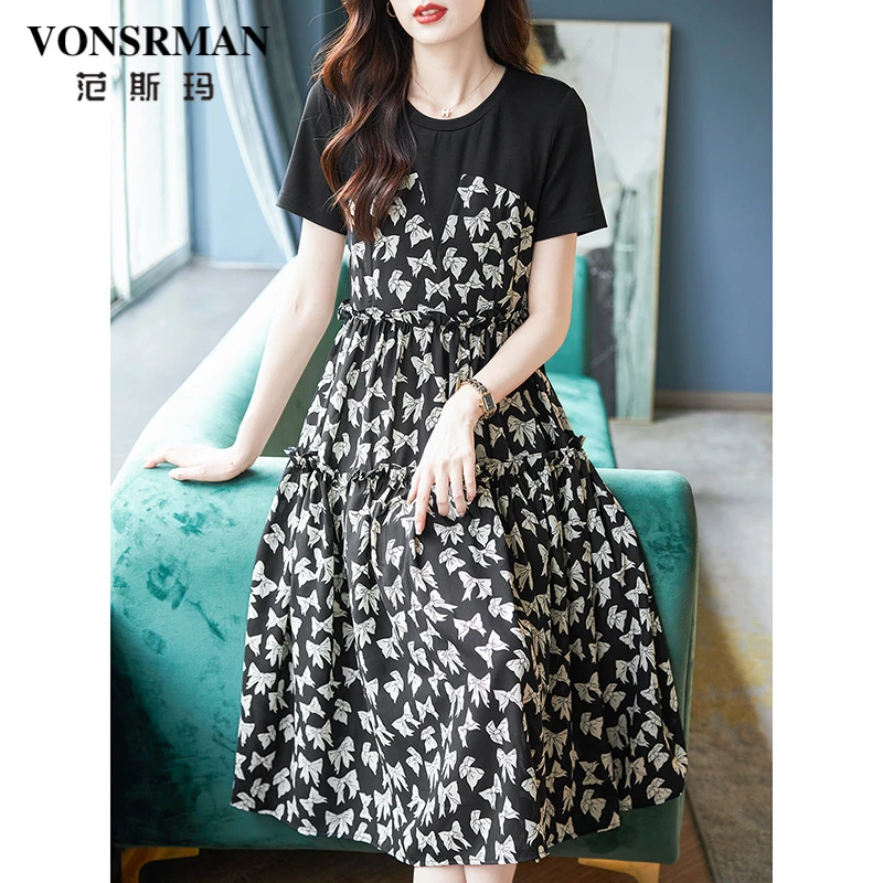 范斯玛圆领拼接假两件连衣裙女新款2025夏季短袖过膝碎花雪纺长裙