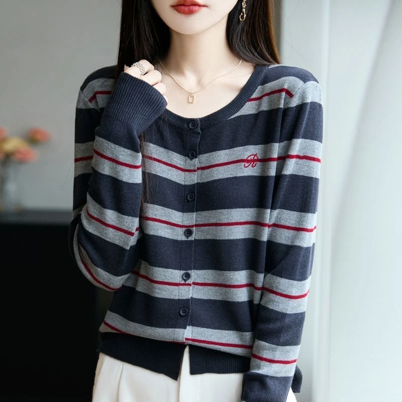 复古条纹休闲开衫女外搭长袖2025新款秋季百搭长袖撞色针织上衣薄