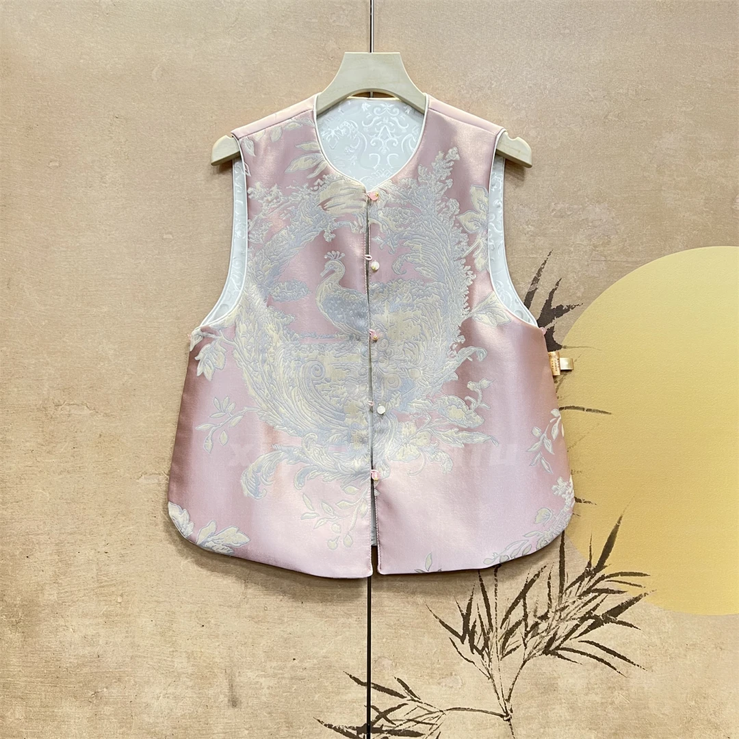 【孔雀两面穿】重工提花时尚气质短款显瘦新中式减龄圆领织锦马甲女