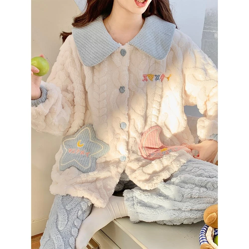 范哲萨高级感女士睡衣秋冬款珊瑚绒加厚保暖冬季天法兰绒家居服套