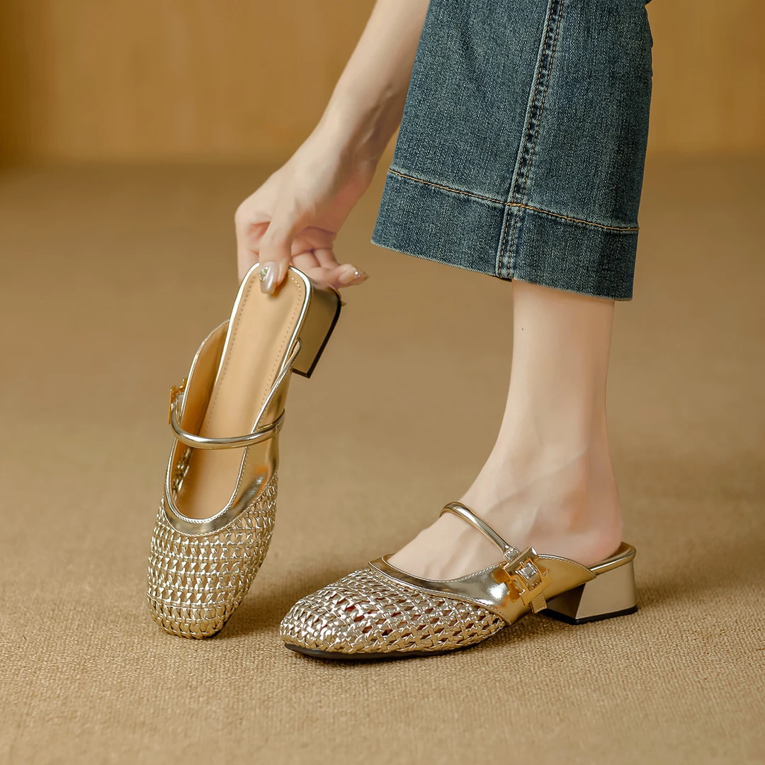 编织包头包头拖拖鞋女夏外穿妈妈方头夏季流浪丹宁风气质百搭