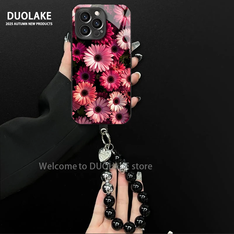 满屏粉菊适用苹果vivo华为oppo小米iPhone17电镀玻璃防摔手机壳潮