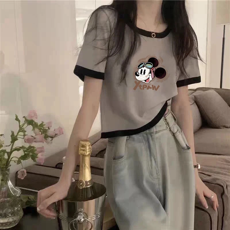 t恤女夏季撞色显瘦气质减龄法式外穿上衣潮T恤美式正肩短袖灰色