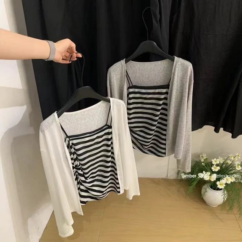 MAMIE【韩系女主】褶皱条纹抹胸吊带＋纯色长袖防晒开衫夏季两件