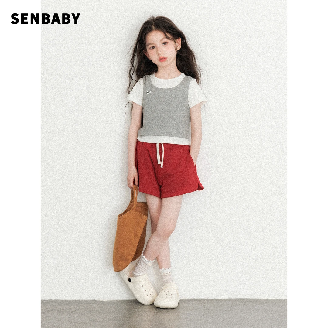 【现货】senbaby女童短袖休闲韩版撞色设计夏季新款圆领假两件T恤