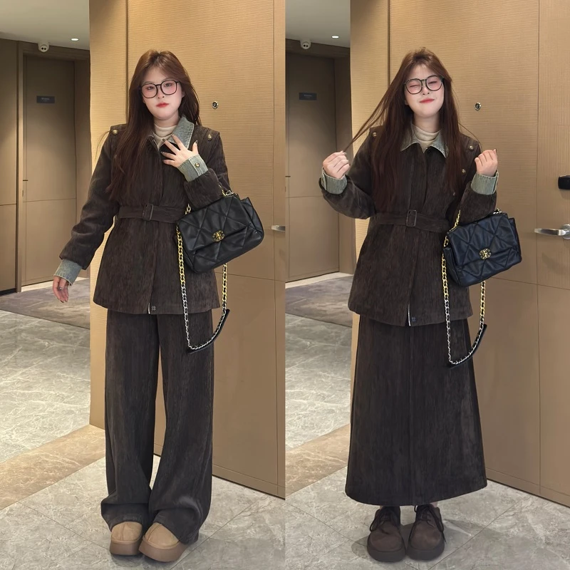 敏敏&南岛风大码美拉德白鸭绒羽绒外套冬胖mm加绒长裤套装ZYY1315