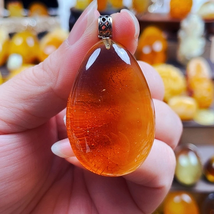 琥珀银S925镶嵌裸石吊坠