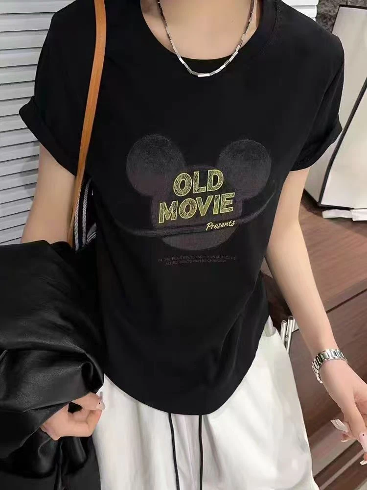 印花米奇短袖大象墨印花薄款T恤小众休闲宽松百搭米奇显瘦短袖