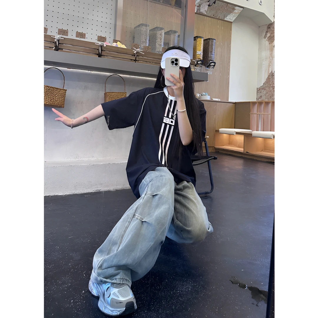 新款美式复古cleanfit褶皱做旧牛仔裤男女阔腿直筒百搭休闲长裤子