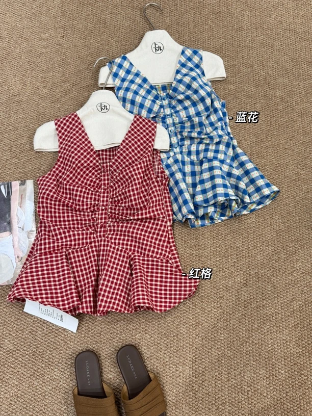 无袖小衫背心海边度假辣妹外穿上衣格子