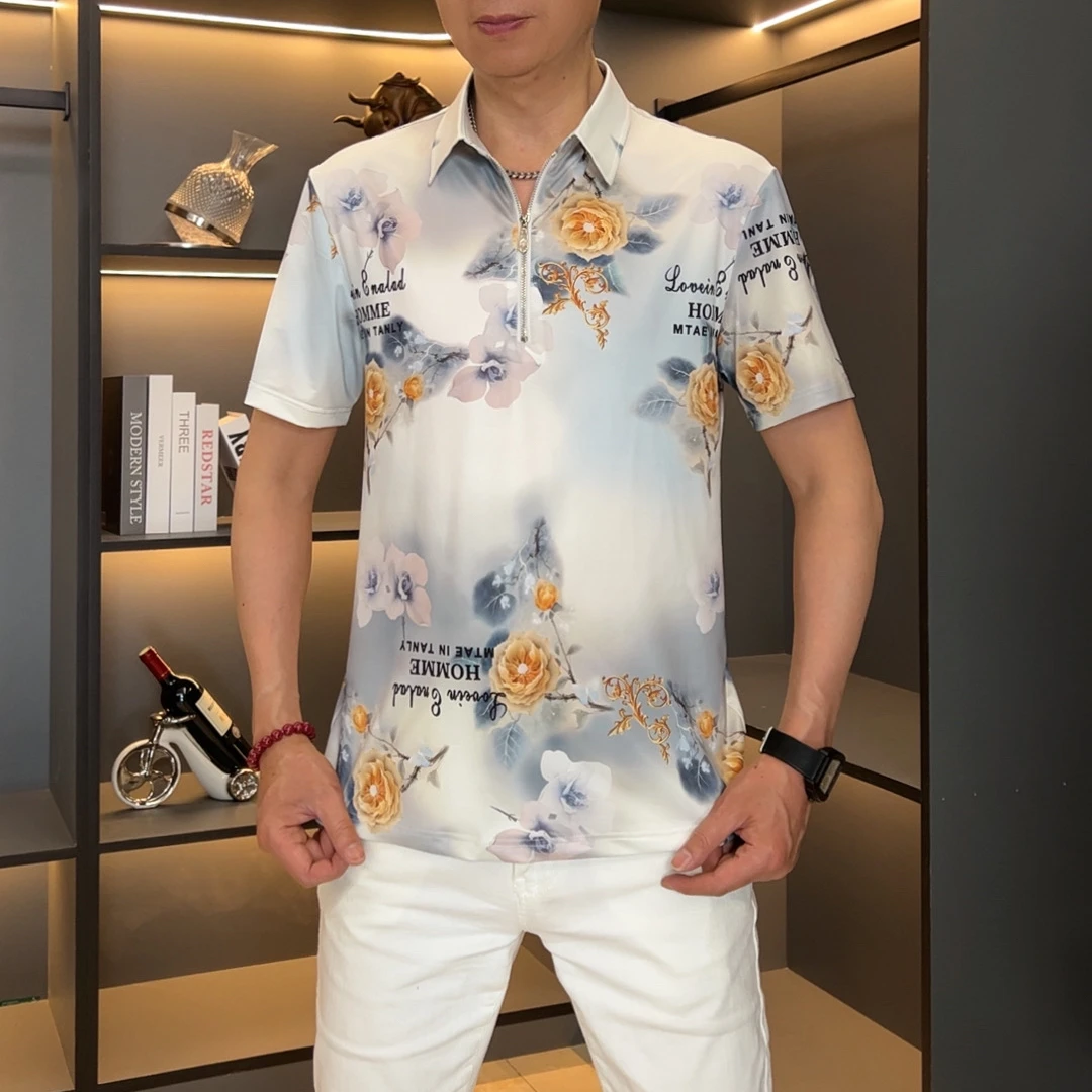 2025男士夏季免烫薄款个性百搭上衣polo衫花朵短袖休闲商务村衣潮