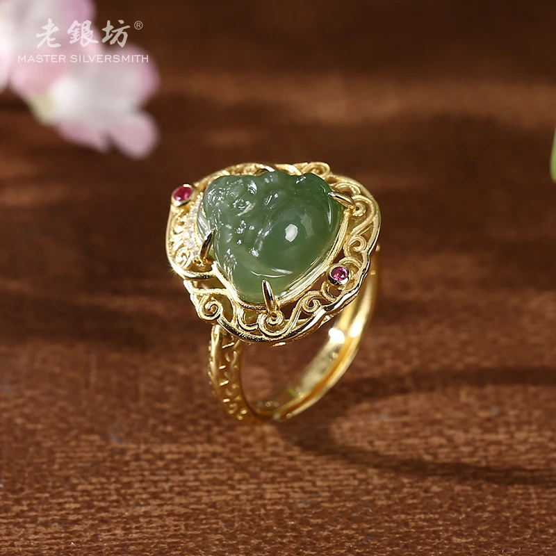 【老银坊】s925银镀金碧玉弥勒佛单戒 00311640