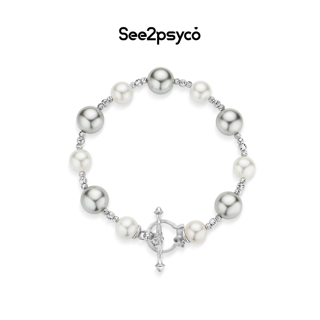 See2psyco 925银手链 双声序暮灰白拼色珍珠手链原创设计气质手串
