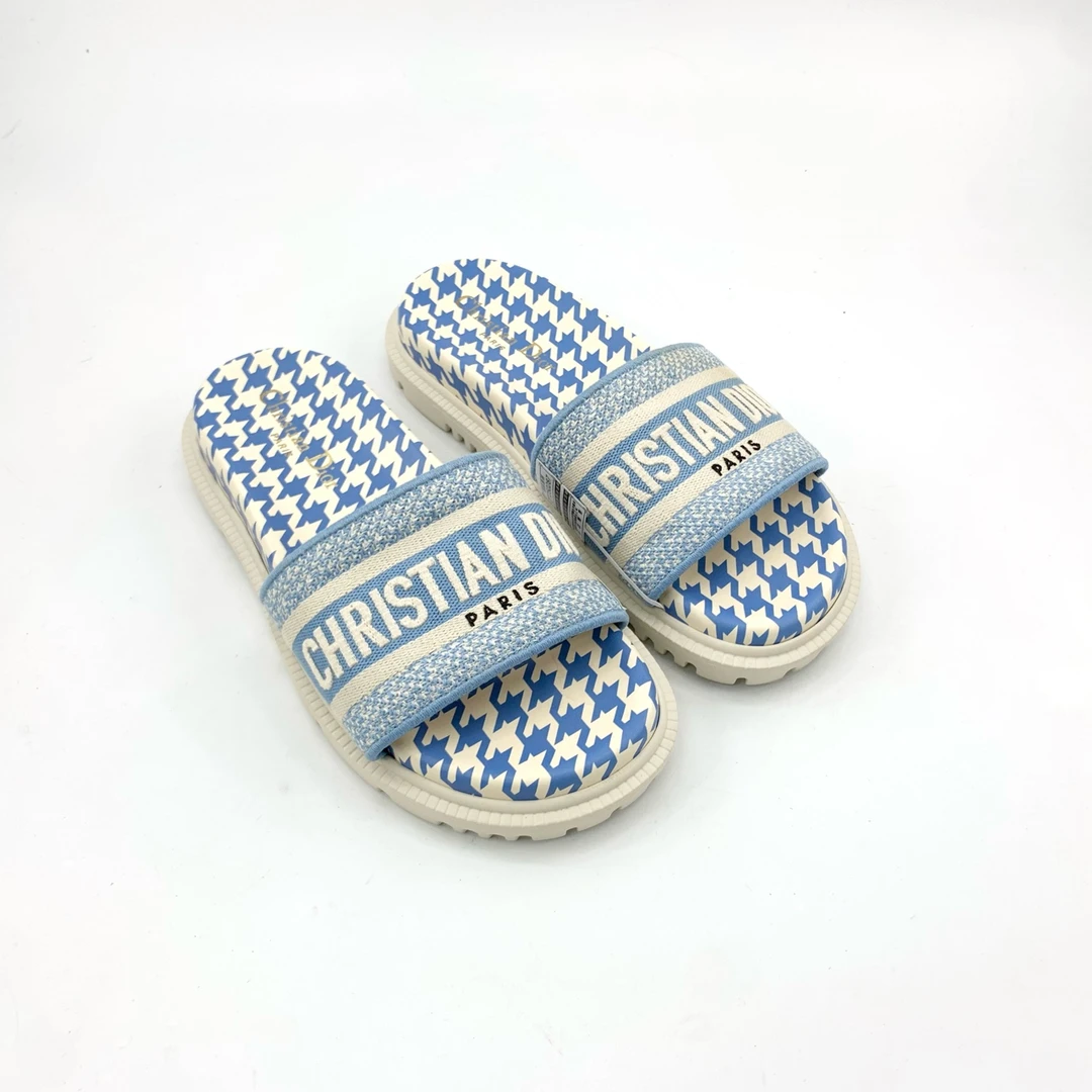 95新 DIOR/迪奥 36.5码/休闲蓝色千鸟格夏季拖鞋/TT250287