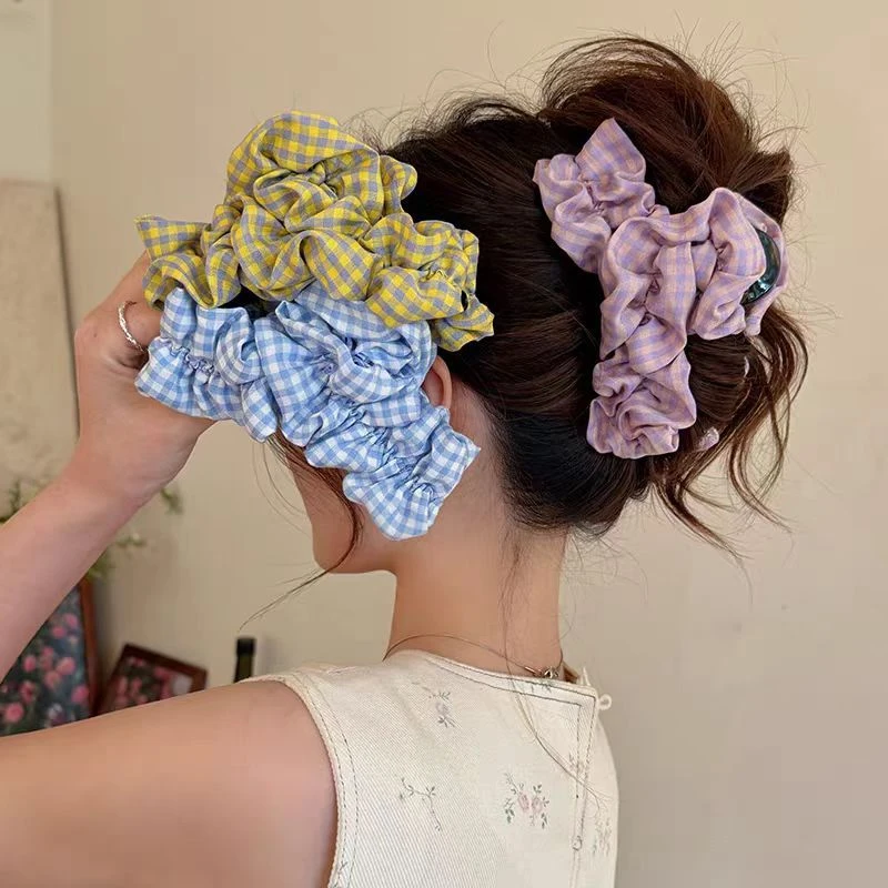 韩系格子布艺云朵抓夹女2025新款高端气质发夹后脑勺鲨鱼夹子头饰