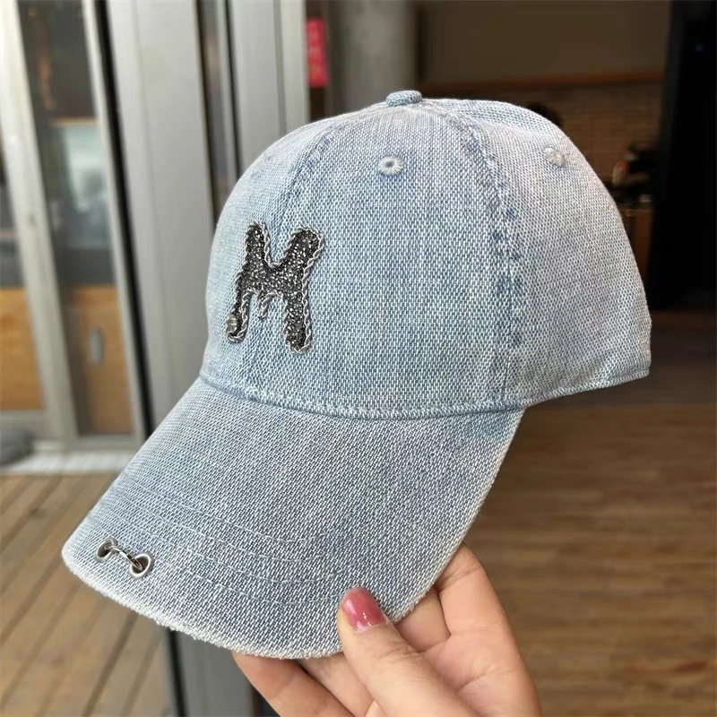 2025美式复古街头潮搭破洞字母牛仔棒球帽子女大头围显脸小鸭舌帽