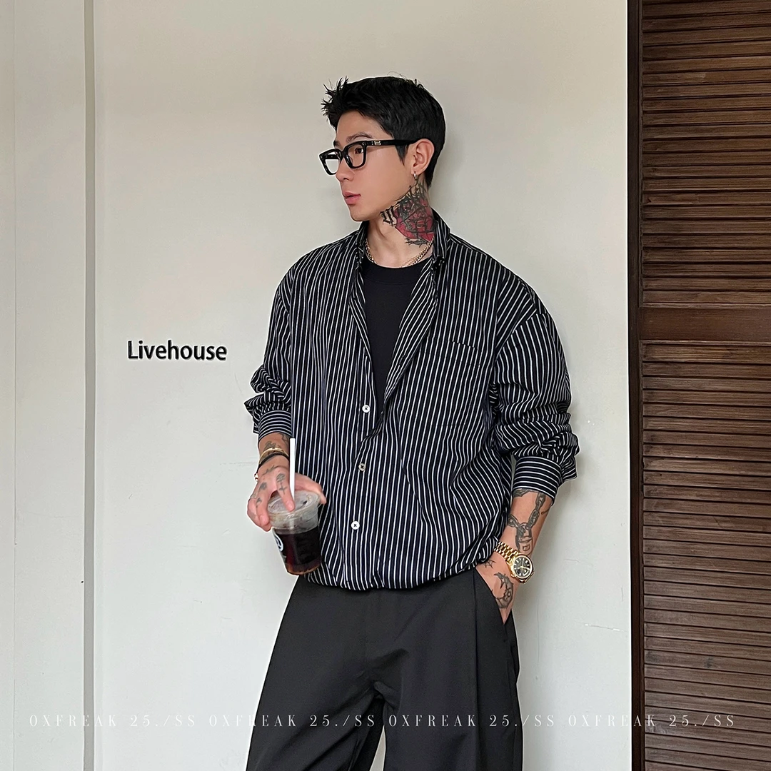 OXFREAK「前短后长剪裁」高智感假两件条纹长袖衬衫男高级感衬衣