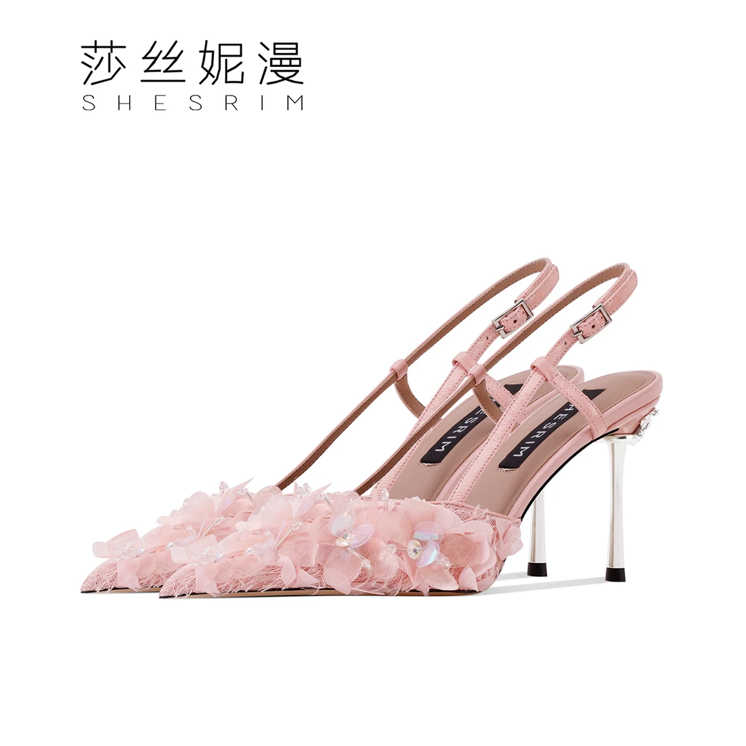 春夏尖头细跟凉鞋女2025年夏新款网红亮片中空后绊带高跟鞋女