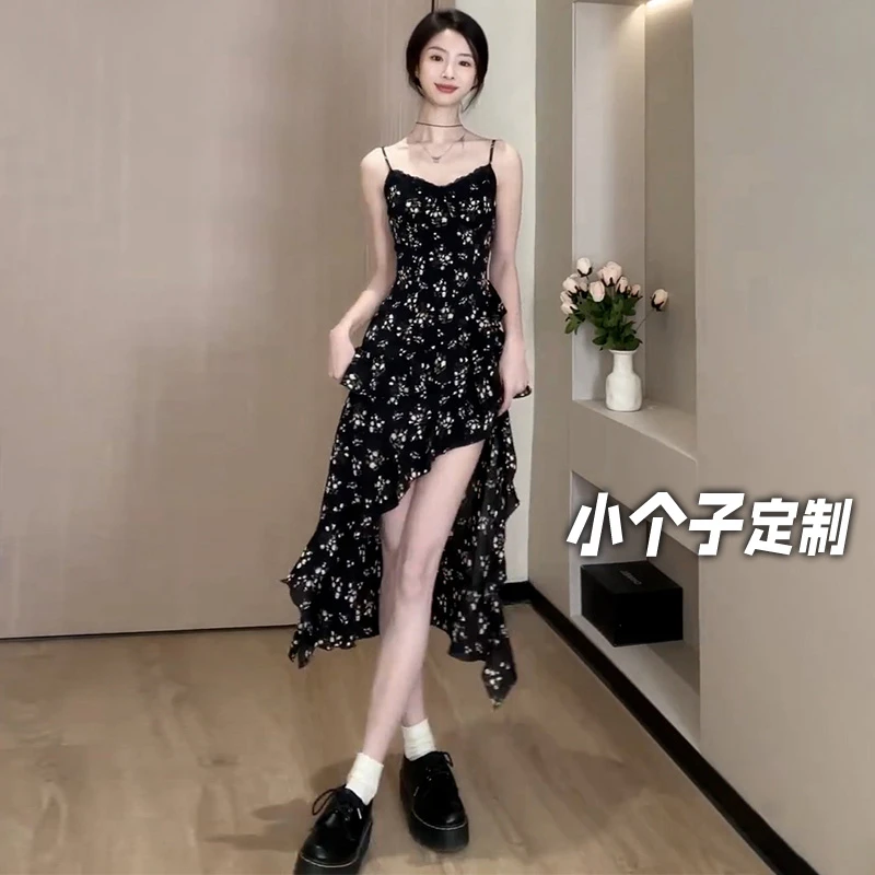 150小矮个子碎花吊带连衣裙女夏季法式度假风无袖a字裙收腰中长款