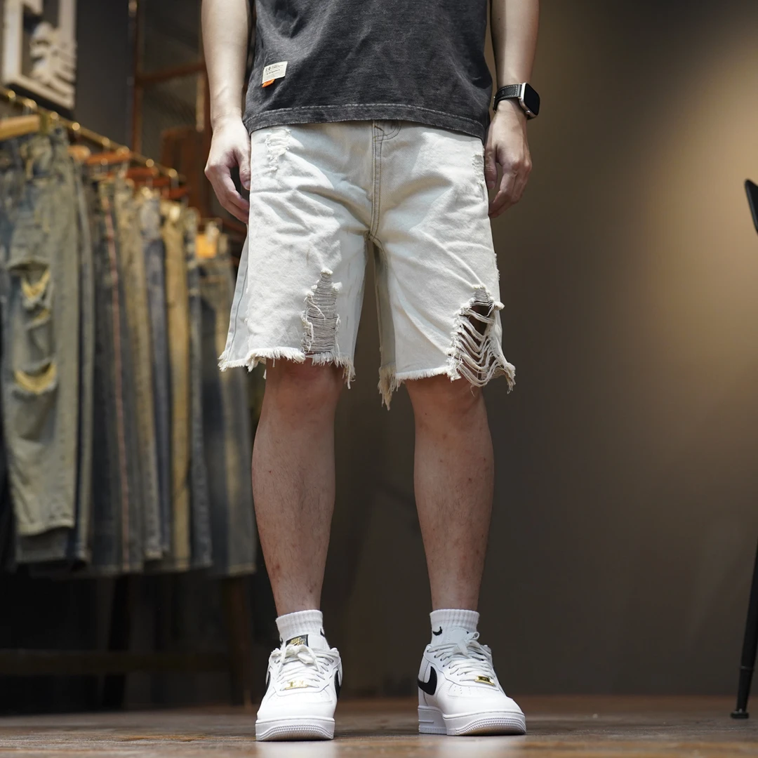 7607浅蓝破洞时尚潮流宽松休闲百搭男装牛仔短裤