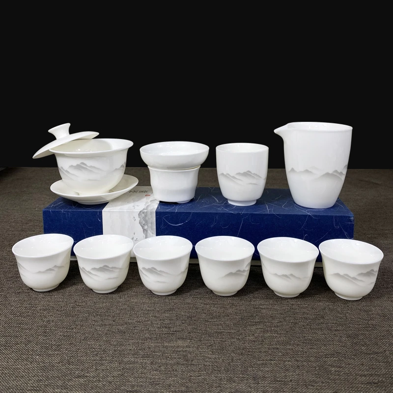 水墨群山可悬停旋转盖碗套装羊脂玉白瓷家用功夫泡茶杯整套茶具