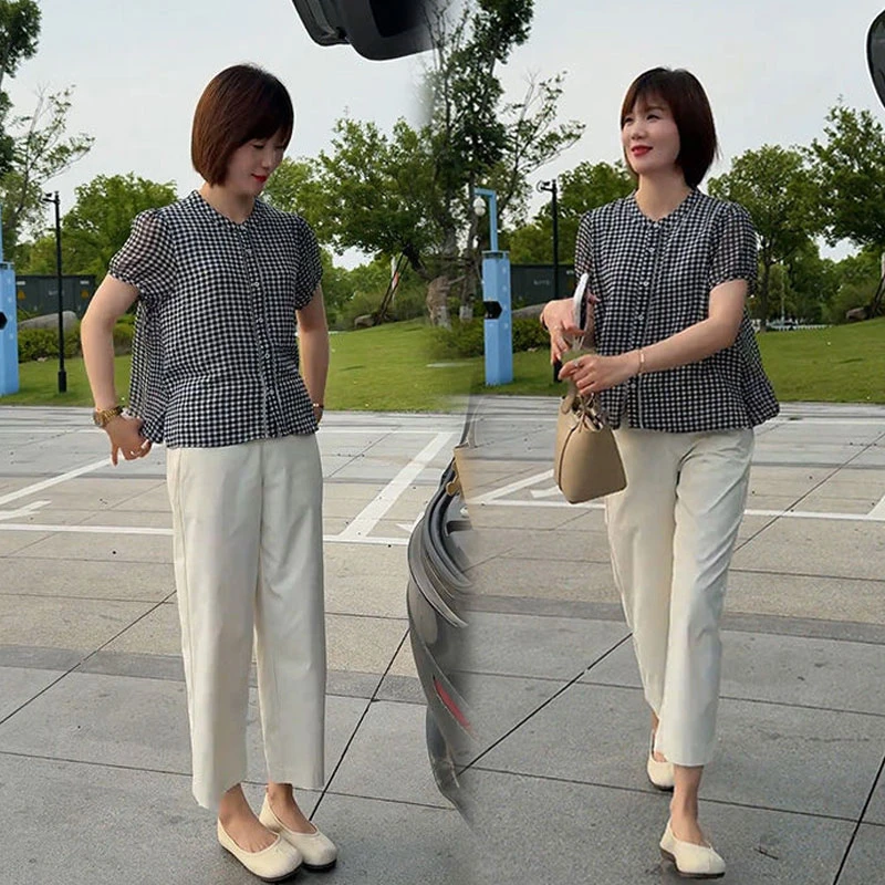 夏季独特漂亮衬衫女2025新款韩版百搭格子短袖上衣高腰显瘦九分裤