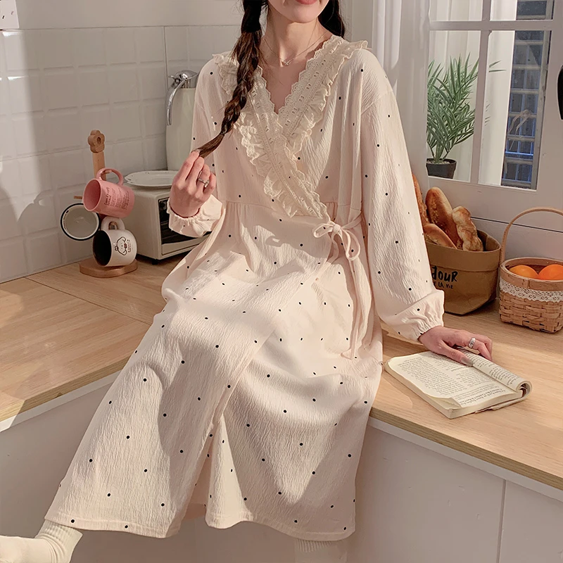 新款和服精梳纯棉皱布春季长袖月子服产后孕妇睡衣新中式待产裙