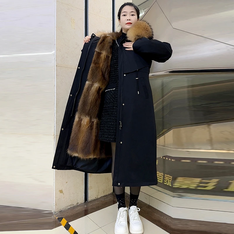冬季加长加厚保暖女士长款青根貂整皮内胆可拆卸派克服外套