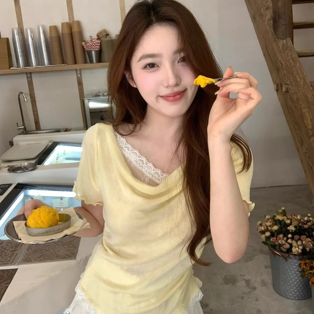 纯欲荡领拼接蕾丝褶皱修身短袖T恤女2025新款夏季小众设计上衣女