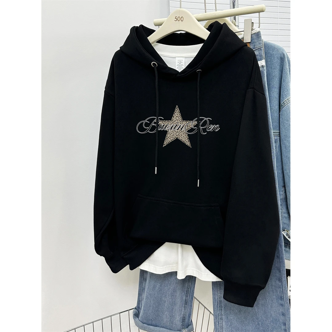 休闲中长款连帽卫衣女秋冬款胖mm宽松大码慵懒风加绒保暖帽衫外套