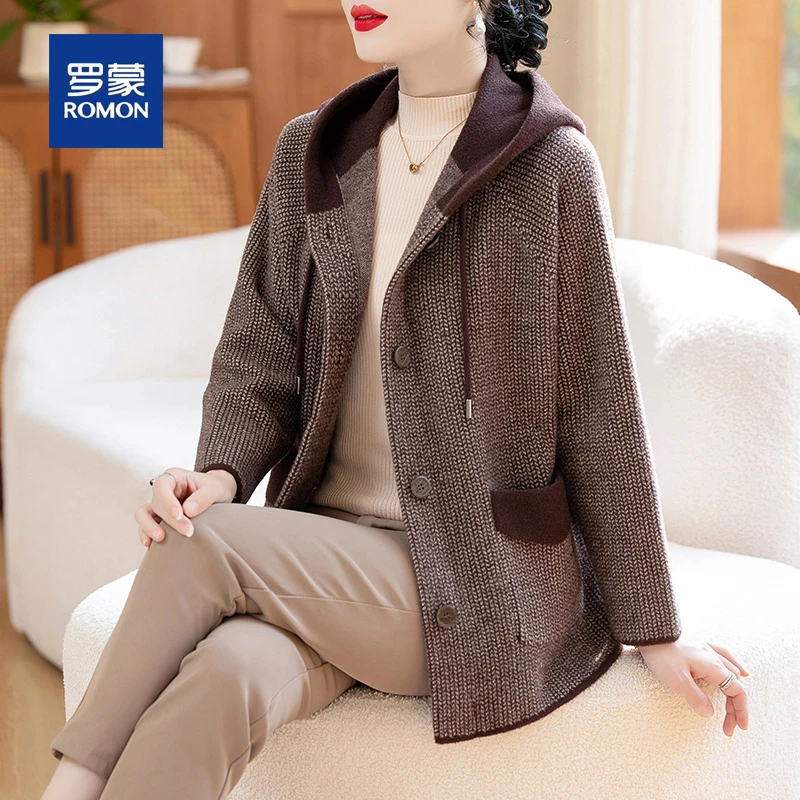 罗蒙气质妈妈春秋装毛呢外套女新款时尚高档休闲中老年人连帽上衣