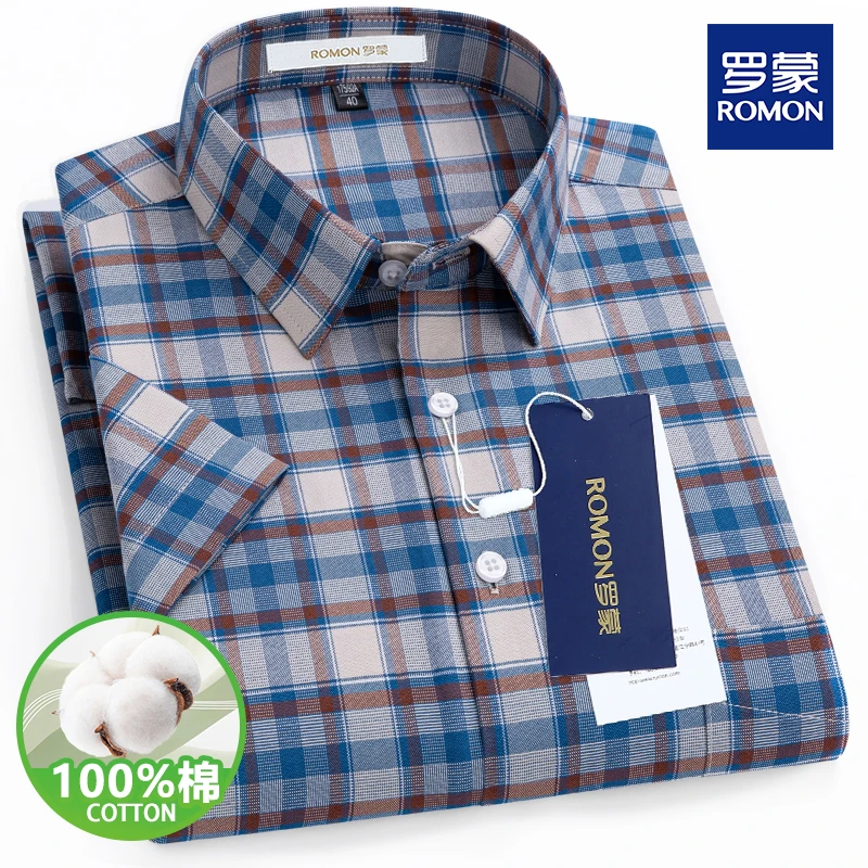 罗蒙正品夏季大码100%纯棉短袖衬衫格子牛津纺衬衣休闲免烫中年