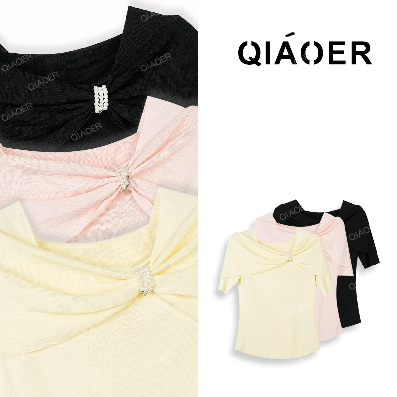 乔儿定制【披肩珍珠t】时尚洋气百搭T恤女修身显瘦设计师蝴蝶结上衣