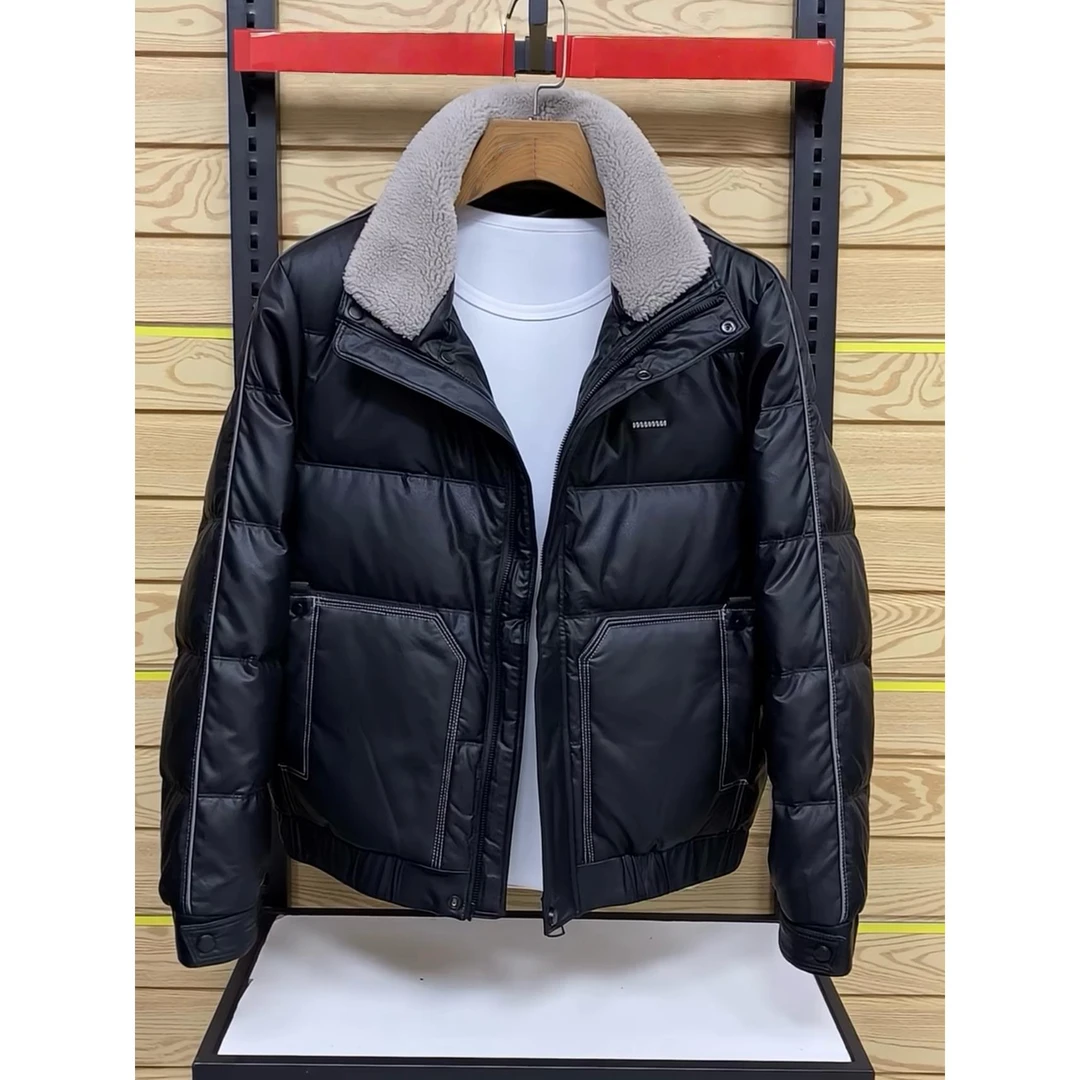 高端白鸭绒皮羽绒服男冬季潮牌2025新款修身短款男士加厚翻领外套